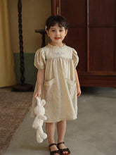 Young Girl's Pure Linen Floral Embroidery Puff Sleeve Dress With Ruffle Collar